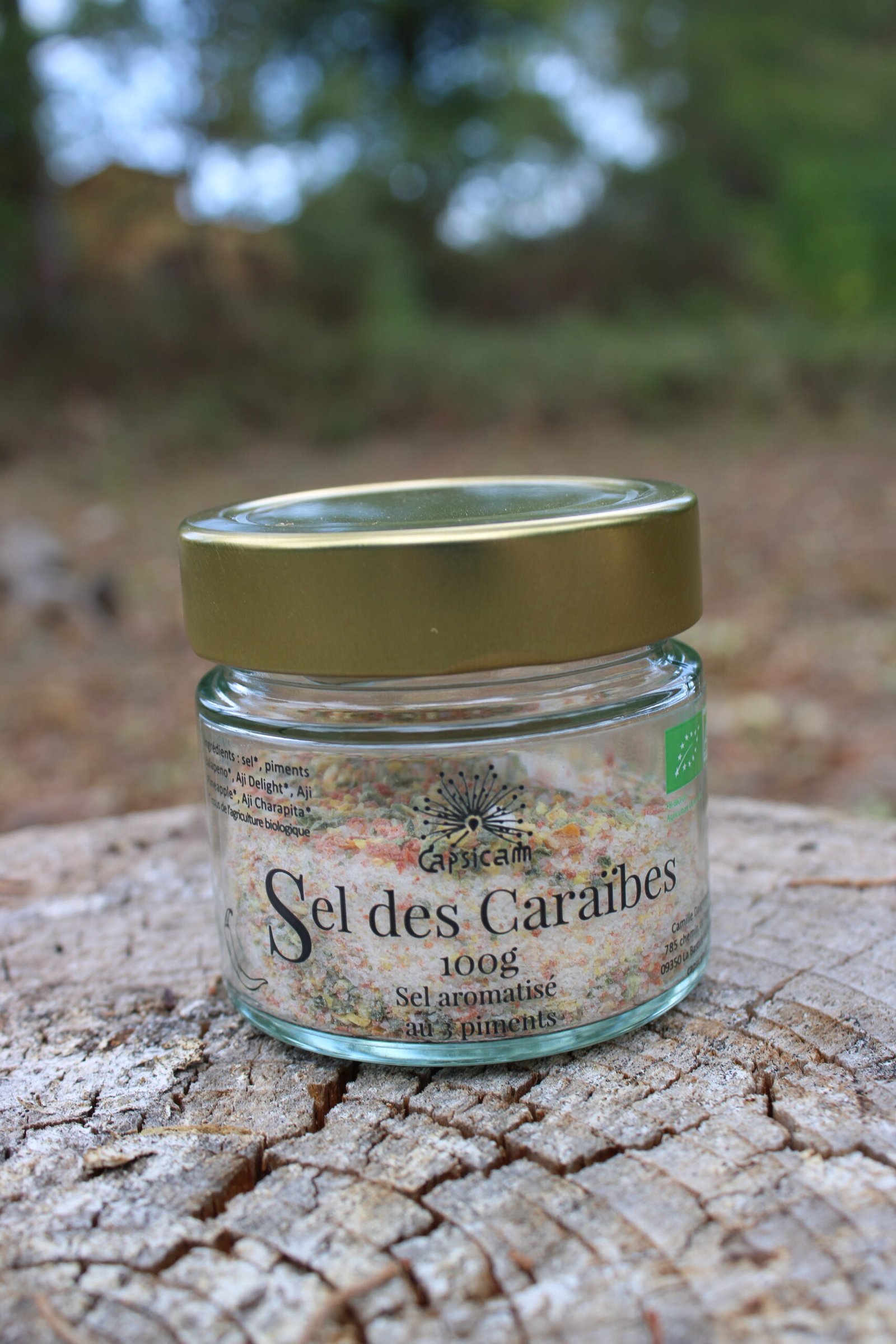 Pot en verre de Sel des Caraïbes Capsicam, sel coloré aux trois piments, posé sur une souche